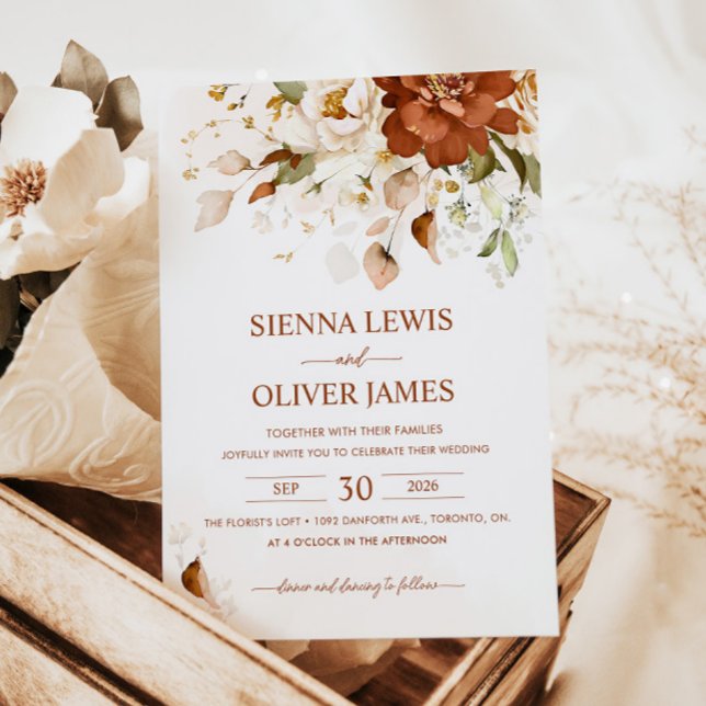 Invitation Boho Floral brûlé Orange Terracotta Mariage (Créateur téléchargé)