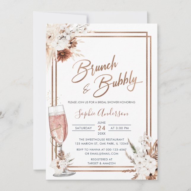 Invitation Boho Floral Brunch & Bubbly Fête des mariées (Devant)