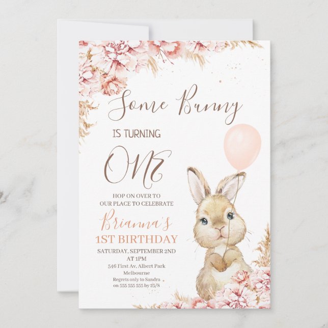 Invitation Boho Floral Bunny Balloon 1er anniversaire Invitat (Devant)
