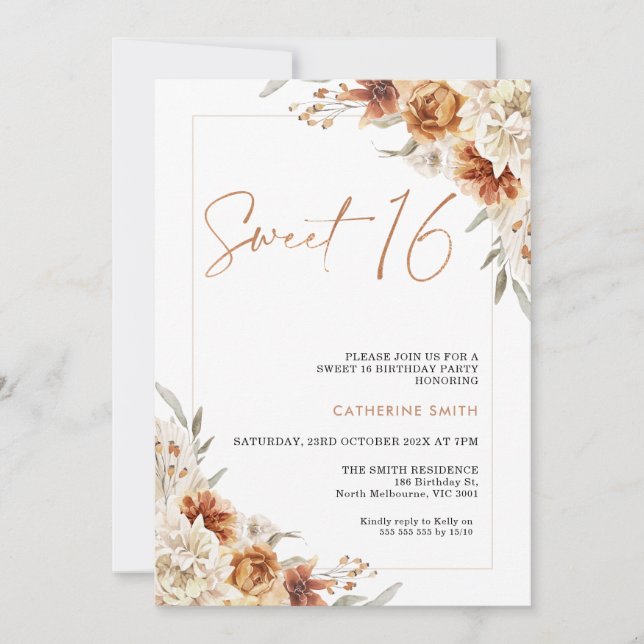 Invitation Boho Floral Burnt Orange Sweet 16 Anniversaire (Devant)