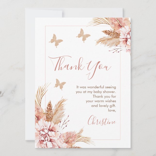Invitation Boho Floral Butterfly Baisers Baby shower Merci (Devant)