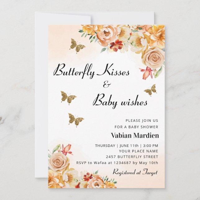 Invitation Boho Floral Butterfly Baisers fille Baby shower (Devant)
