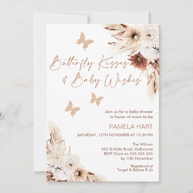 Invitation Boho Floral Butterly Baisers Baby shower Invitatio (Devant)