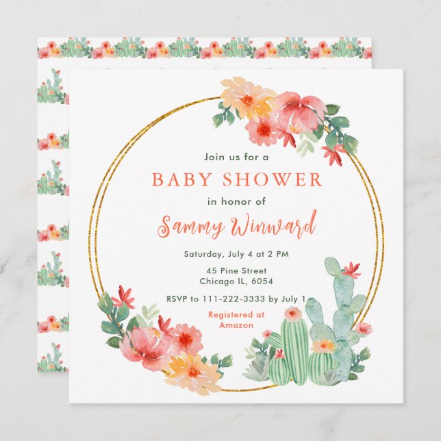 Invitation Boho Floral Cactus Baby Shower (Devant / Derrière)