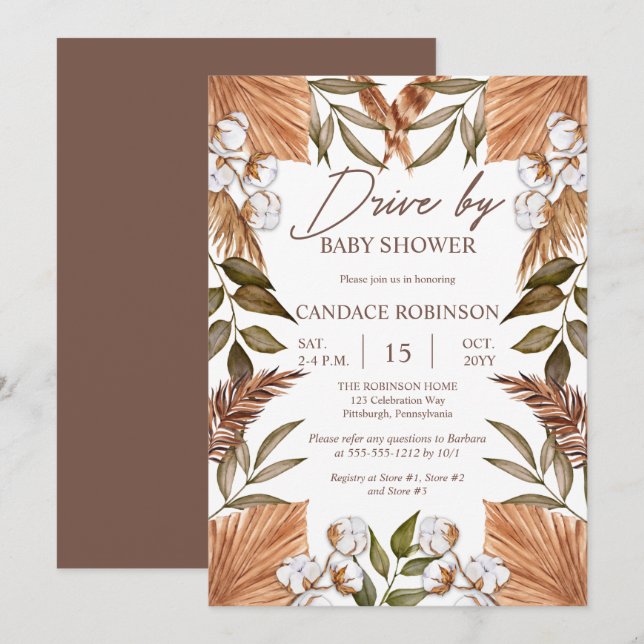 Invitation Boho Floral Coton | Grasses Drive par Baby shower (Devant / Derrière)