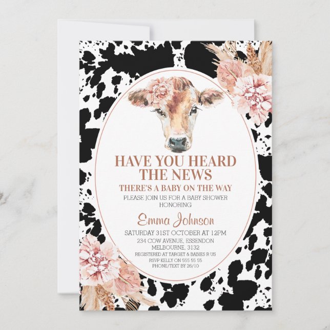 Invitation Boho Floral Cow Black Cow Baby shower d'impression (Devant)