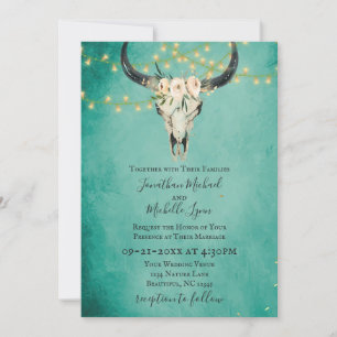 Invitation Boho Floral Crâne, String Lights Turquoise Mariage