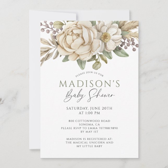 Invitation Boho Floral Crème Baby shower blanc (Devant)