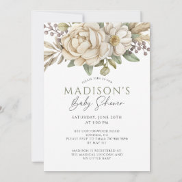 Invitation Boho Floral Crème Baby shower blanc