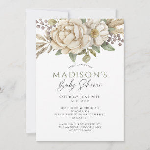 Invitation Boho Floral Crème Baby shower blanc
