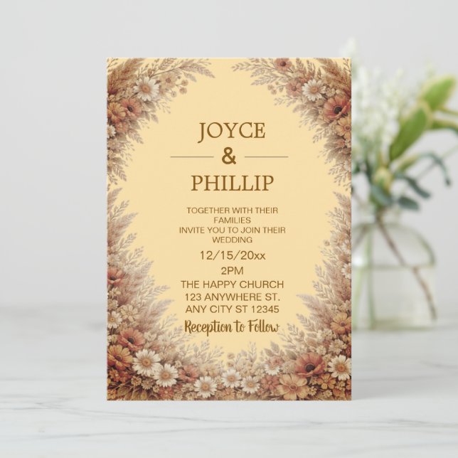 Invitation Boho Floral Custom Wedding Invites Cards (Debout devant)