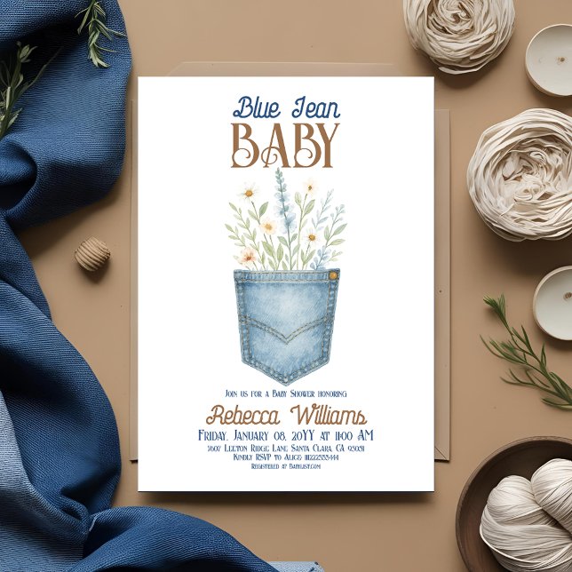 Invitation Boho Floral Denim Boy Blue Jean Baby shower (Créateur téléchargé)