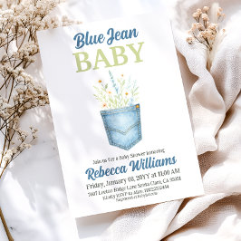 Invitation Boho Floral Denim Pocket Blue Jean Baby shower