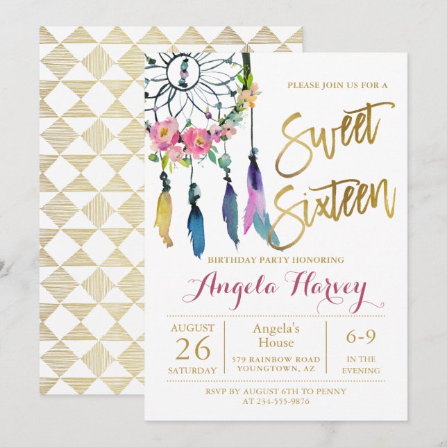 Invitation Boho Floral Dream Catcher Gold Sweet 16 Anniversai (Devant / Derrière)