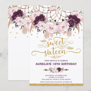 Invitation Boho Floral Dream Catcher Sweet 16e anniversaire