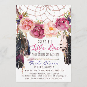 Invitation Boho Floral Dreamcatcher Aquarelle Premier anniver