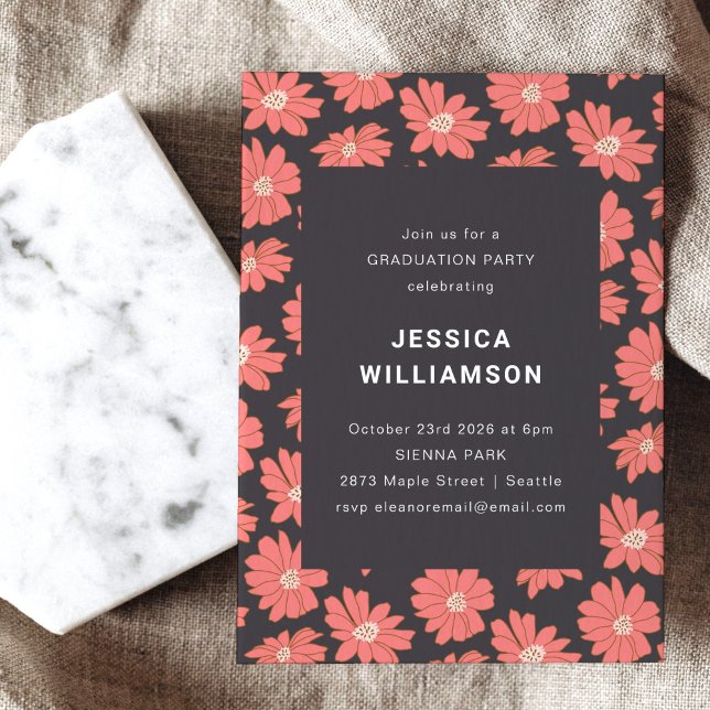 Invitation Boho Floral Elegant Black Red Graduation Party (Créateur téléchargé)