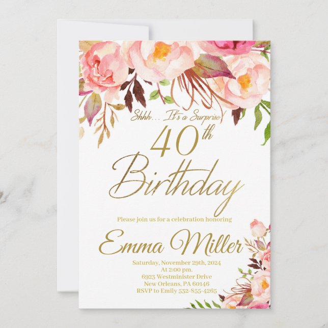 Invitation Boho Floral et Gold Surprise 40e anniversaire (Devant)