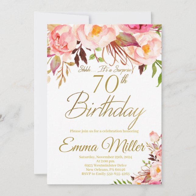 Invitation Boho Floral et Gold Surprise 70e anniversaire (Devant)