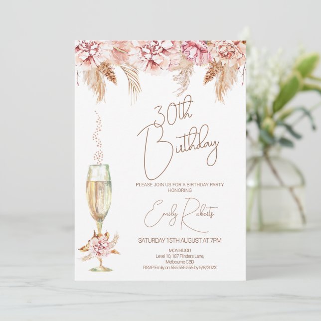 Invitation Boho Floral et Verre Champagne Anniversaire (Debout devant)