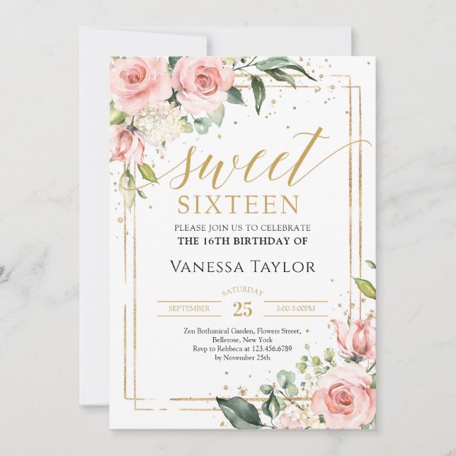 Invitation Boho floral eucalyptus or parties scintillant 16e (Devant)