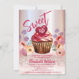 Invitation Boho floral Girly cupcake Rose or gliterie