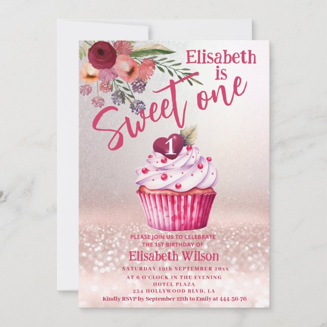 Invitation Boho floral Girly cupcake Rose or gliterie (Devant)