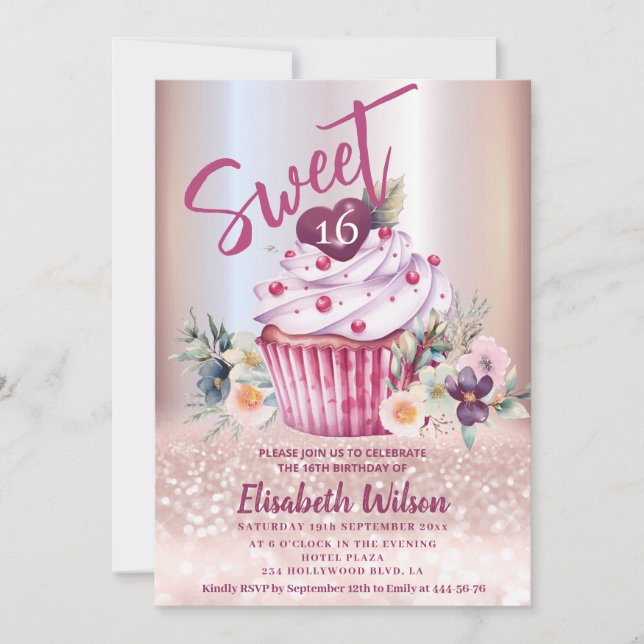 Invitation Boho floral Girly cupcake Rose or gliterie (Devant)