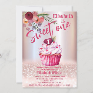 Invitation Boho floral Girly cupcake Rose or gliterie