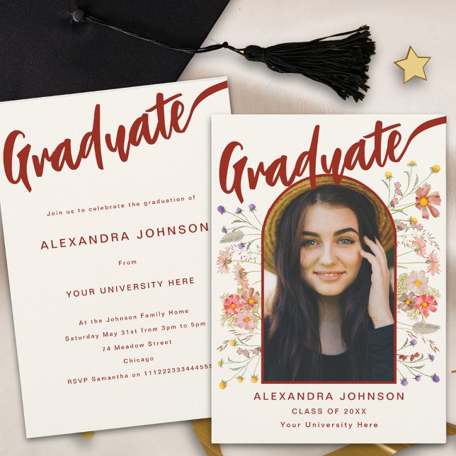 Invitation Boho Floral Graduate Photo Script Graduate Party (Boho wildflower arch graduate photo stylish burnt orange calligraphy graduation party invitation )