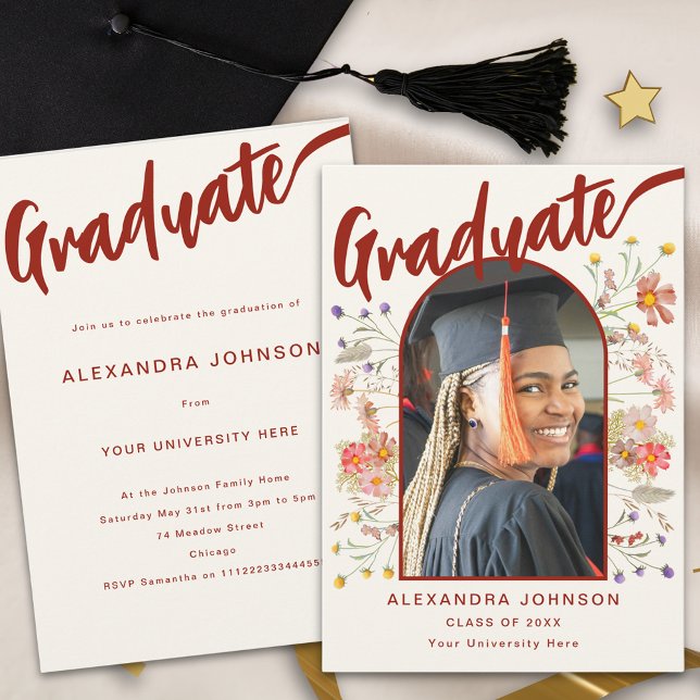 Invitation Boho Floral Graduate Photo Script Graduate Party (Boho floral arch graduate photo burnt orange calligraphy script graduation party invitation )