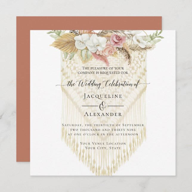 Invitation BOHO Floral Green Pampas Grass Blush Mariage (Devant / Derrière)