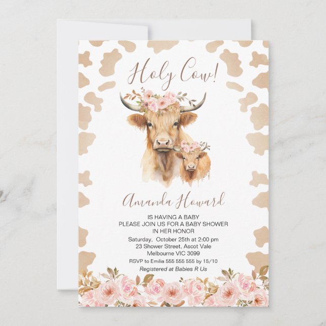 Invitation Boho Floral Highland Saint-Vache Baby shower (Devant)