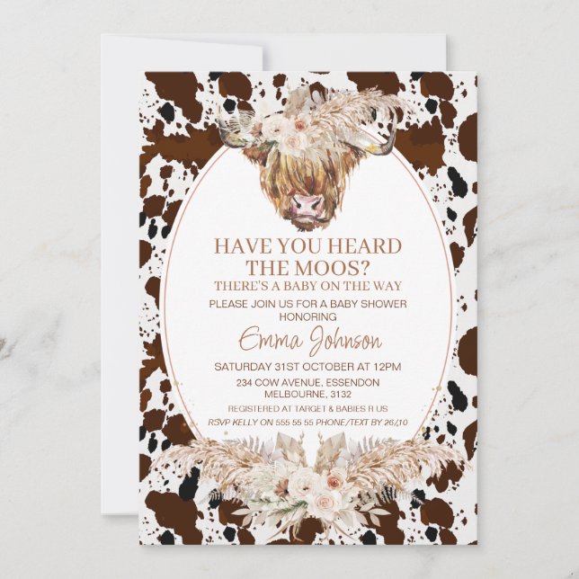 Invitation Boho Floral Highland Vache Baby shower de vache (Devant)