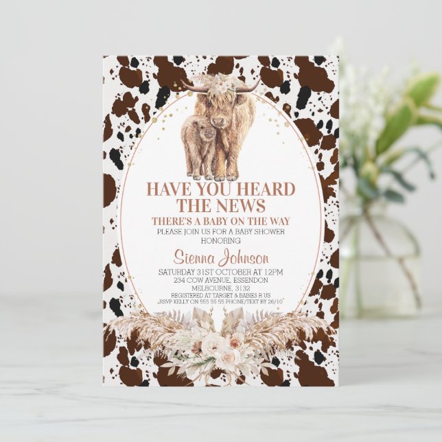 Invitation Boho Floral Highland Vache Baby shower de veau (Debout devant)