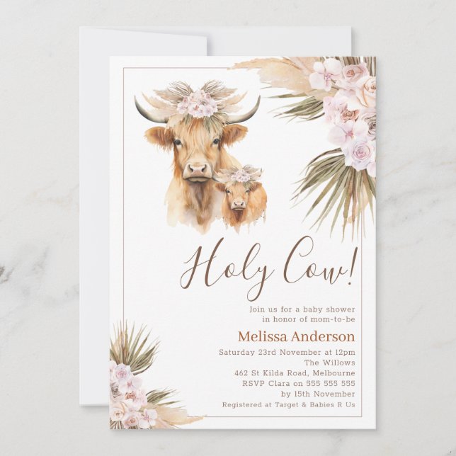 Invitation Boho Floral Highland Vache Baby shower de veau (Devant)