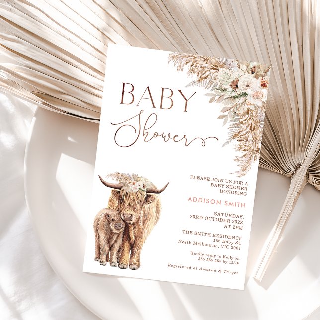 Invitation Boho Floral Highland Vache Baby shower de veau (Boho Floral Highland Cow baby Shower Invitation, Cow Calf Baby Shower Invite, Holy Cow Bohemian )