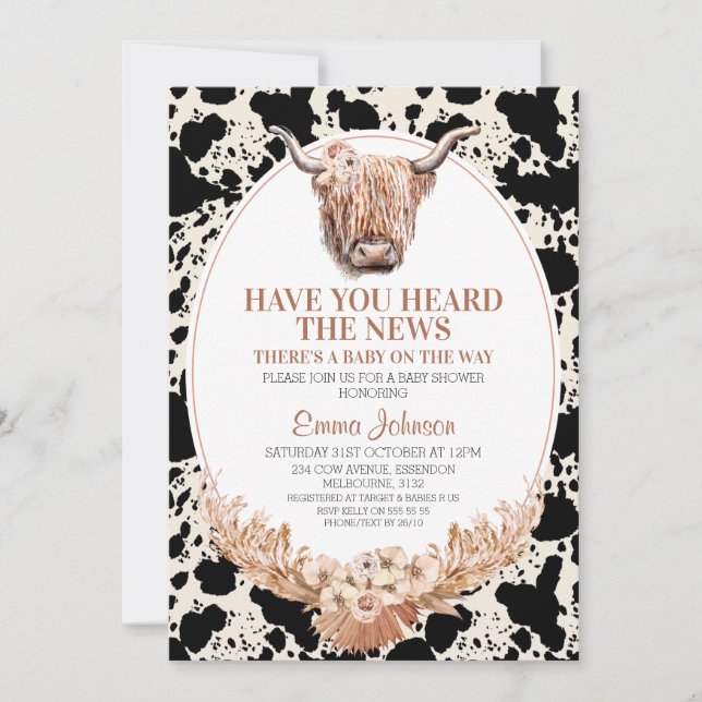 Invitation Boho Floral Highland Vache Baby shower d'impressio (Devant)