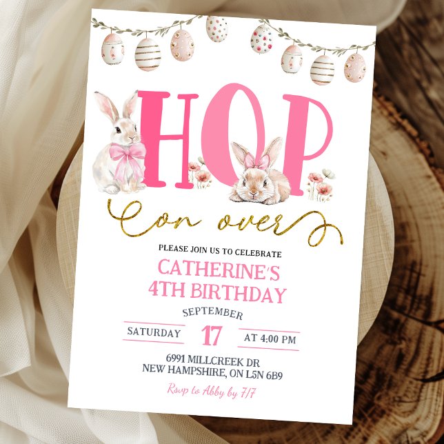 Invitation Boho Floral Hop on over Bunny Birthday (Créateur téléchargé)