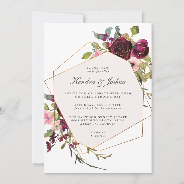 Invitation Boho Floral Mariage Bourgogne et bleu (Devant)