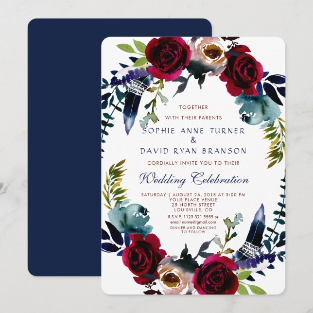 Invitation Boho Floral Marsala Marine Blue Wedding (Devant / Derrière)