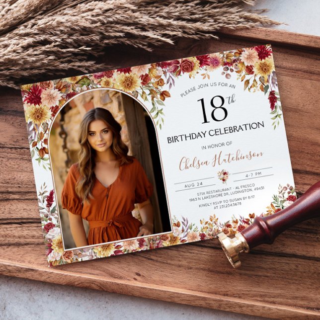 Invitation Boho Floral moderne 21e anniversaire Dîner photo (Discover the enchantment of the "Modern Boho Terra Cotta Arch Floral" Collection)