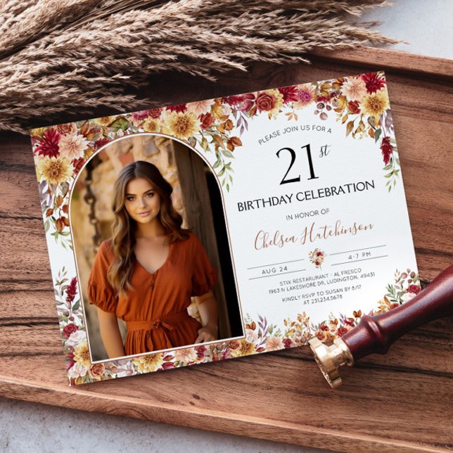 Invitation Boho Floral moderne photo 21e anniversaire (Modern Boho Floral 21st Birthday Photo Invitation)