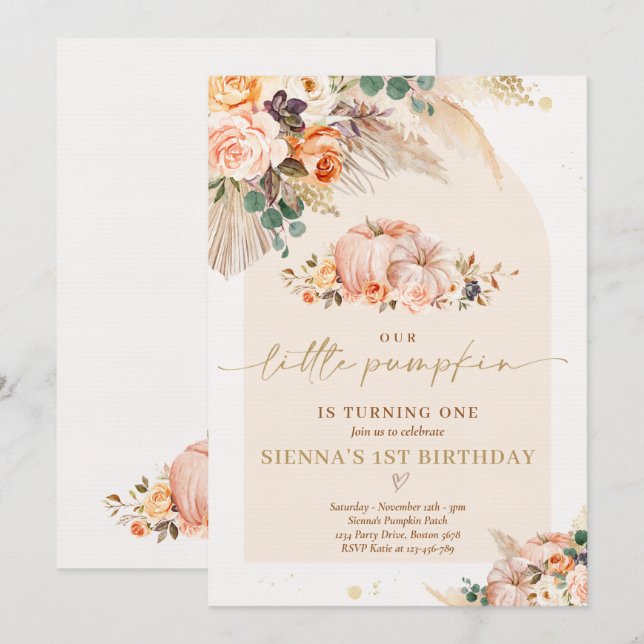 Invitation Boho Floral Notre Petit Citrouille 1er anniversair (Devant / Derrière)