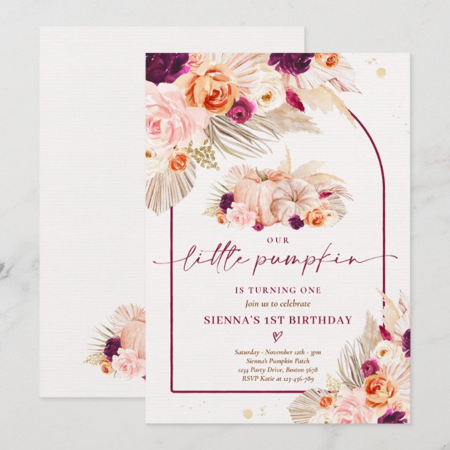 Invitation Boho Floral Notre Petit Citrouille 1er anniversair (Devant / Derrière)