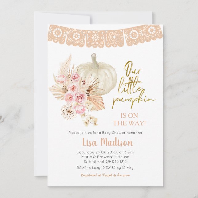 Invitation Boho Floral Notre Petite Fille Baby shower Citroui (Devant)