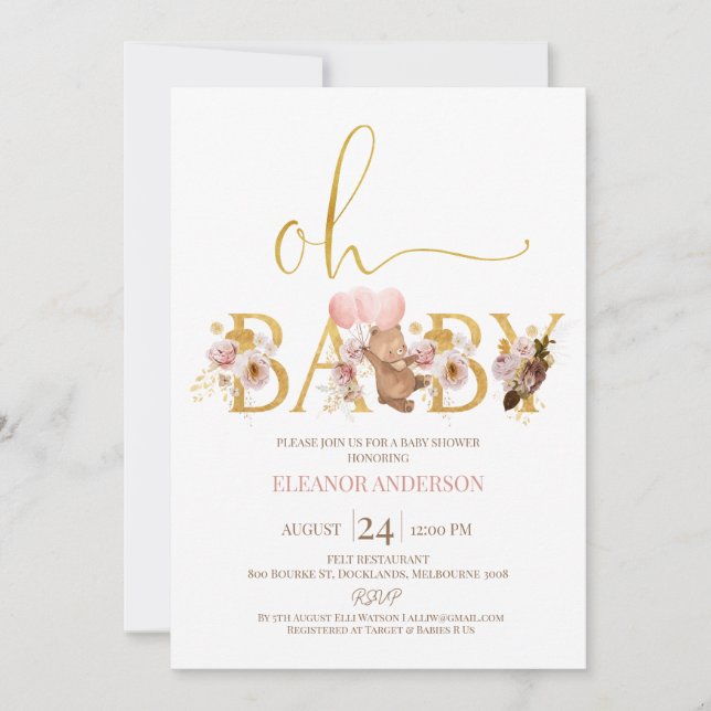 Invitation Boho Floral or Word Teddy Bear Baby shower (Devant)