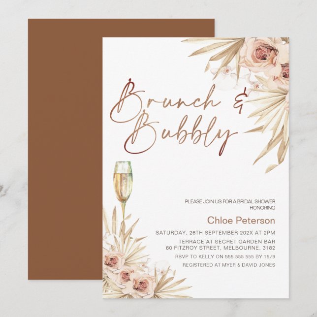 Invitation Boho Floral Palm Brunch Fête des mariées Bubbly (Devant / Derrière)