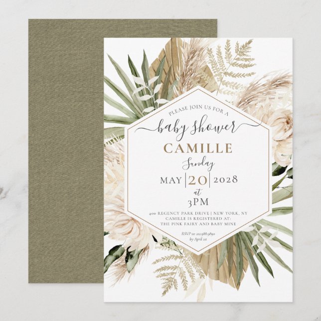 Invitation Boho Floral Palmetto Baby shower Feuille d'eucalyp (Devant / Derrière)