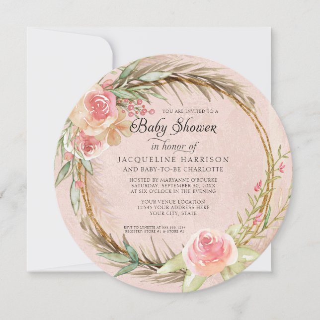 Invitation BOHO Floral Pampas Aquarelle rose Wreath Baby (Devant)